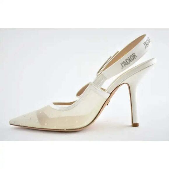Dior Jadior White Plumetis Polka Crystal Ribbon Slingback Sandal Heel Pump 42 - Picture 9 of 12